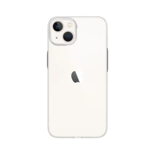 Just Mobile TENC Slim Fit-etui for iPhone 14, krystallklart; viser doble kameraer med hevet kant og tildekkede sideknapper.