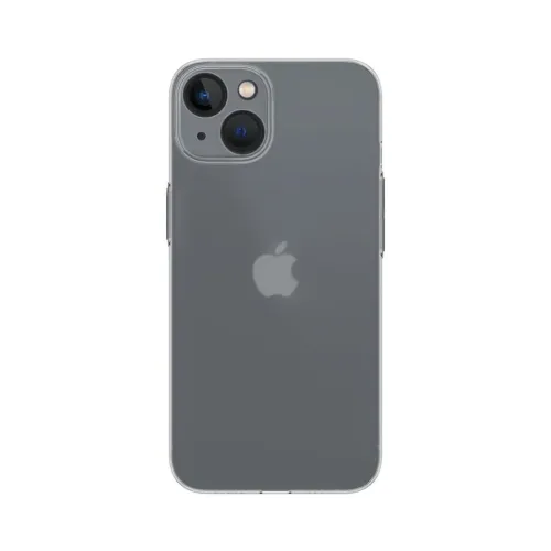 TENC Slim Fit -suojakotelo iPhone 14:lle himmeällä läpinäkyvällä viimeistelyllä, takanäkymä korotetulla kamerakehyksellä, kapeilla reunoilla ja pyöristetyillä kulmilla.
