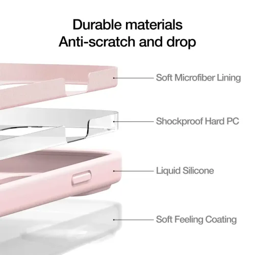 Roosa silikoonist ümbris iPhone 14-le plahvatuslikus vaates: neli kihti, sildid ja külgprofiil, millel on selgelt näha kaetud nupud ja avad.
