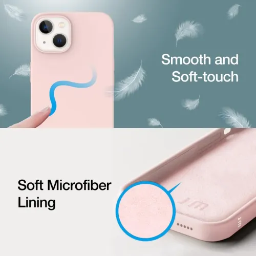 Roosa silikoonist ümbris iPhone 14-le, millel on kaamera väljalõige, kaetud külgmised nupud, kõlariaukudega põhi ja mikrokiudvoodriga sisemus