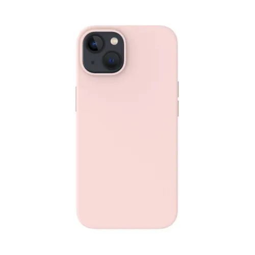 Just Mobile TENC rozā silikona vāciņš iPhone 14 tālrunim, attēlots ar paaugstinātu kameras izgriezumu un sānu pogu pārsegiem.