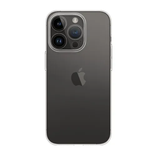 Kristallklart Slim Fit-skal på iPhone 14 Pro Max, genomskinliga kanter och täckta knappar, upphöjd ram runt trippelkamera.