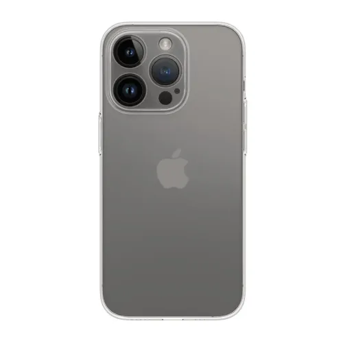 Just Mobile TENC Slim Fit-fodral för iPhone 14 Pro Max, frostat: genomskinligt baksideskydd med upphöjd ram runt kameran.