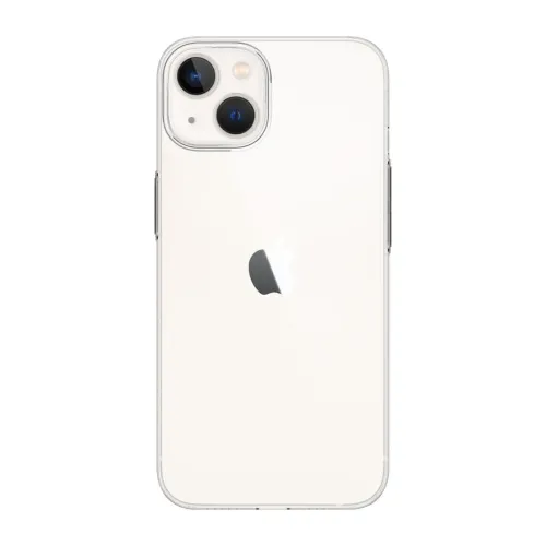 TENC Slim Fit -suojakotelo iPhone 14 Plus -puhelimelle, läpinäkyvä takapuoli, joka kiertyy reunojen ympärille ja jossa on kaksoiskameran ja salaman ympärille leikatut aukot.