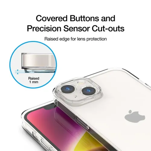 Just Mobile TENC Slim Fit, kristallinkirkas iPhone 14 Plus -kotelo, jossa on peitetyt painikkeet, tarkat leikkaukset ja korotettu kamerakehys.