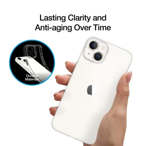 Kristallinkirkas Slim Fit -suojakotelo iPhone 14 Plus -puhelimelle, joka kietoutuu selkämyksen ympärille, näkyy kädessä ja jossa on tarkat leikkaukset kameran ympärillä.