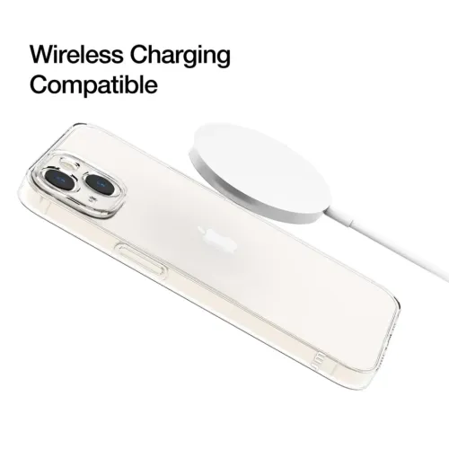 Kristallinkirkas ohut kotelo iPhone 14 Plus -puhelimelle näyttää peitetyt painikkeet ja korotetun kameran kehyksen, ja MagSafe-kiekko on takaosan vieressä.