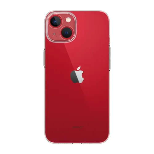 Just Mobile TENC Slim Fit kotelo iPhone 14 Plus, kristallinkirkas, näyttää punainen takaisin kaksi kameraa ja korotettu kamerakehys.