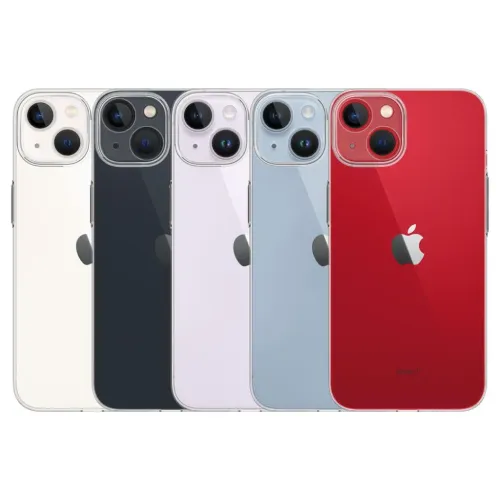 Just Mobile TENC Slim Fit -suojakotelo iPhone 14 Plus -puhelimelle, kristallinkirkas, näkyy viidessä puhelimessa takaapäin, jossa on selkeä kameran leikkaus.