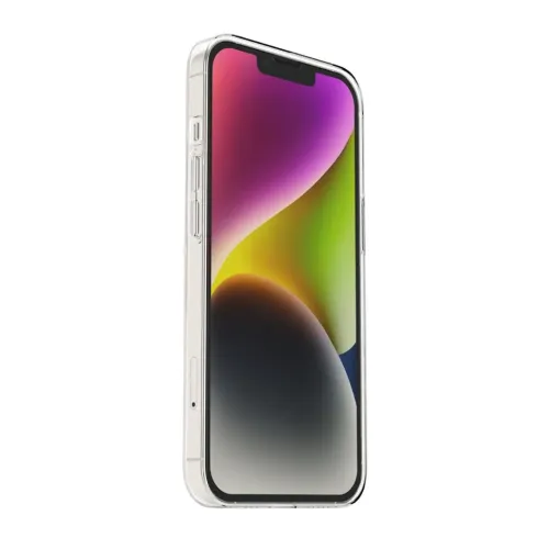 Just Mobile TENC Slim Fit kristallinkirkas kuori iPhone 14 Plus -puhelimeen, läpinäkyvät reunat, peitetyt sivupainikkeet ja ohut profiili.