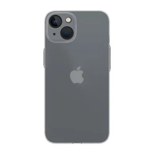 TENC Slim Fit skal för iPhone 14 Plus i frostat transparent utförande, tunna kanter och upphöjd ram som omger dubbelkamera.