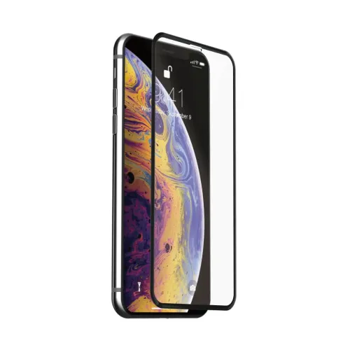 Karkaistua lasia näytönsuoja iPhone X/XS musta reunus, puhelimen edessä lovi leikkaus ja pyöristetyt kulmat.