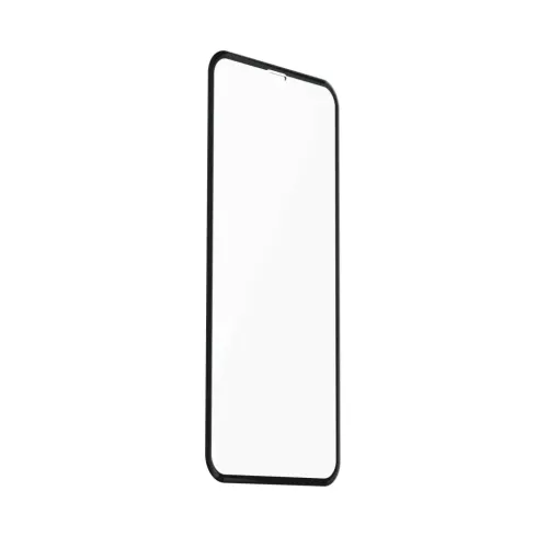 Lasinen näytönsuoja iPhone X/XS:lle, jossa on musta reunus, pyöristetyt kulmat ja kaiutinpaikka ylhäällä, kuvassa vinossa etunäkymässä, kulmassa.