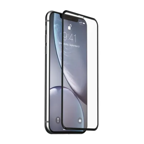 Just Mobile Xkin 3D-skærmbeskyttelse til iPhone XR, sortkantet glas med sensorudsparing, placeret foran skærmen i en skrå vinkel.