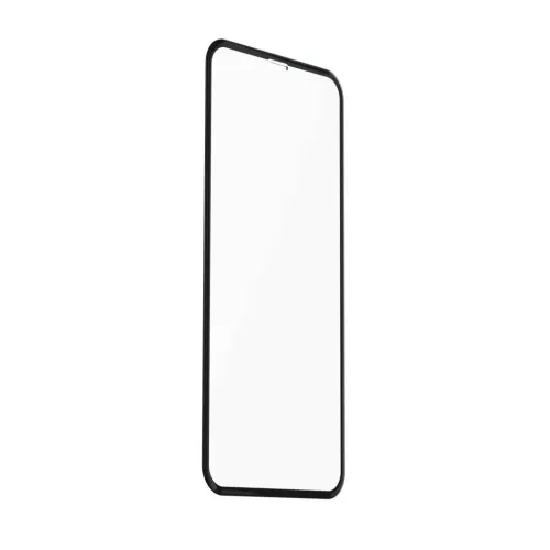 Skærmbeskyttelse af glas med sort ramme, kant-til-kant-design og afrundede hjørner, set skråt forfra med lille åbning i toppen.