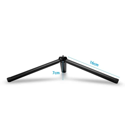 Svart ministativ med två utfällda ben och låg mittpelare, synlig skruvtapp på toppen; måttangivelser 16 cm och 7 cm, frontvy.