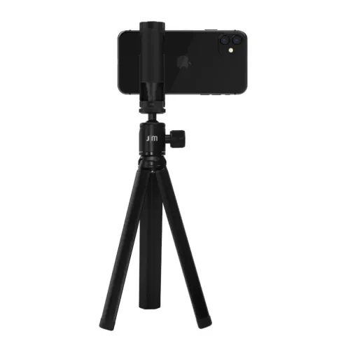 ShutterGrip Tripod i svart med tre utfällda ben, kulled med sidovred och telefonhållare, visad med liggande smartphone.