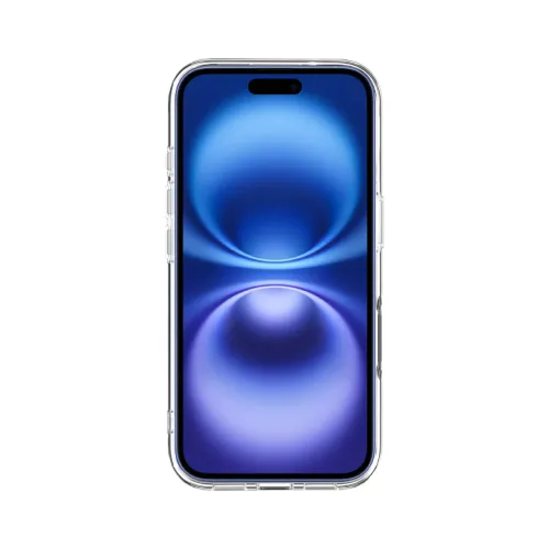 Genomskinligt skyddsfodral för iPhone 16 med slimmad, klar ram; knappar på sidan och exakta utskärningar runt kanterna.