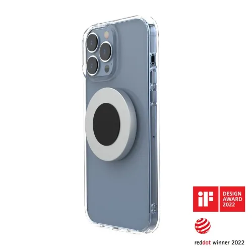 AluDisc mini: magnetische Aluminiumhalterung in Form einer runden Scheibe, in transparenter Hülle auf der Rückseite des Smartphones befestigt; Preis- und Logoangaben daneben.