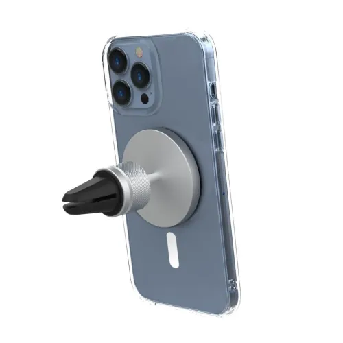 Magnetische Kfz-Halterung mit runder silberner Platte und schwarzem Lüftungsschlitz-Clip, an der Rückseite eines blauen iPhones in einer dünnen transparenten Hülle befestigt.