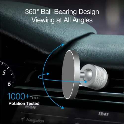 Magnetische Kfz-Halterung mit runder Aluminiumplatte auf Kugelgelenk, montiert in der Lüftungsöffnung des Fahrzeugs oberhalb des Infotainment-Bildschirms.