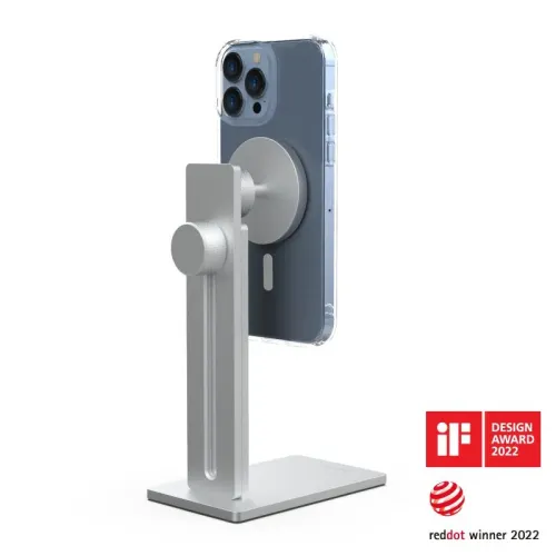 AluDisc Pro iPhone stand in silver with adjustable post and knobs, magnetic round head that holds an iPhone in side view.