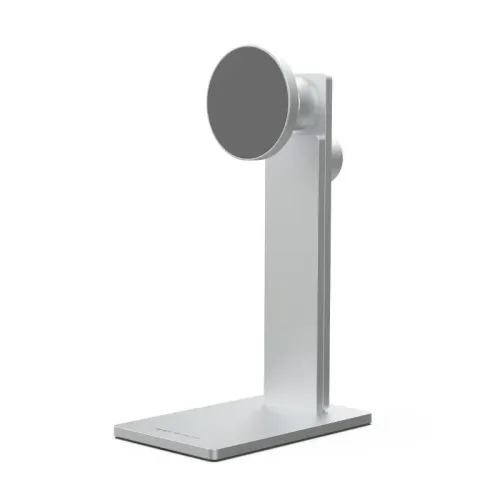 silver metal iPhone stand with rectangular base, vertical arm and round magnetic head, two side-mounted screw knobs.