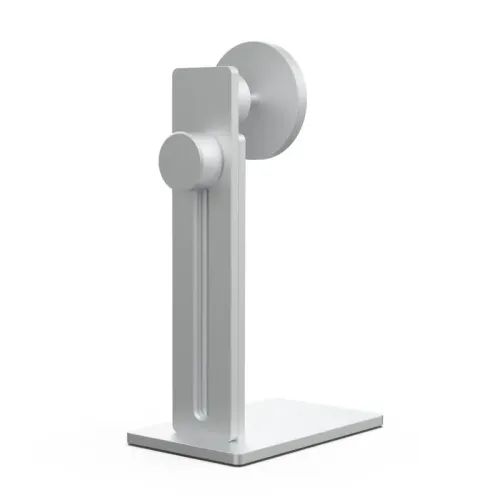 Metallic telephone stand with rectangular base, slotted post, two knurled knobs and round holder plate, viewed obliquely from behind.