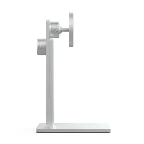 Just Mobile AluDisc Pro iPhone stand in side view with rectangular base, vertical column, two grooved knobs and round plate.