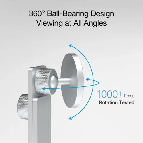 iPhone stand with round magnetic plate on ball joint, two knurled adjustment knobs, silver side view and arrows showing rotation.