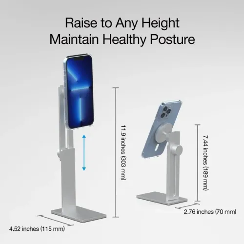 MagSafe aluminum iPhone stand with rectangular base, sliding mast and adjustment screw, shown in two heights with dimensions