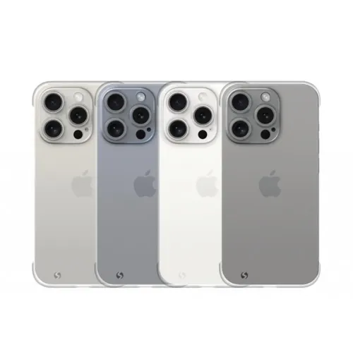 Dünne, mattierte Schutzhülle für das iPhone 15 Pro, von hinten an vier Geräten gezeigt, mit transparenter Oberfläche und Aussparung um die Kameras.