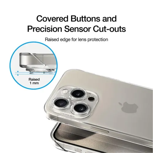 iPhone 15 Pro Maxin kristallikuoressa on läpinäkyvä takaosa, jossa on korotettu kamerakehys, peitetyt painikkeet ja tarkat leikkaukset.