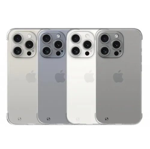 TENC Slim-Fit-Hülle für iPhone 15 Pro Max mit Abdeckung der Rückseite und der vier Seiten; matt transparent mit Kameraaussparung und kleinem Logo auf der Rückseite.