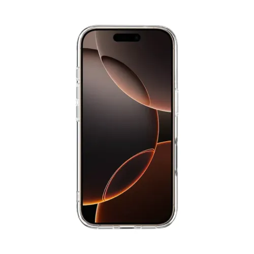 Transparente Schutzhülle für iPhone 16 Pro, Vorderansicht des Smartphones, dünne Ränder, sichtbare Seitentasten und Aussparungen für Anschlüsse.