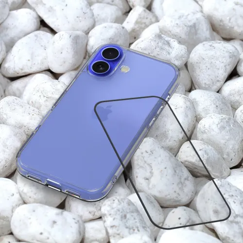 Just Mobile Xkin Glass-skärmskydd placerat framför en blå iPhone med genomskinligt skal, rektangulär form med rundade hörn.