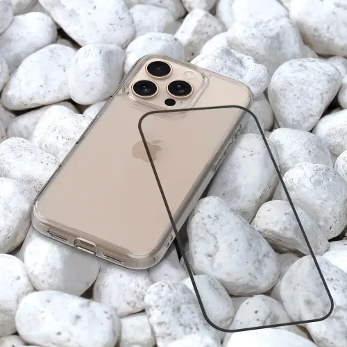 Skärmskydd i härdat glas för iPhone, panel med rundade hörn framför en telefon med genomskinligt skal på vita släta stenar.