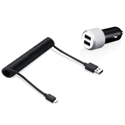 Highway Max car charger with 2 USB ports and micro-USB cable for smartphones and tablets, featuring overvoltage protection.