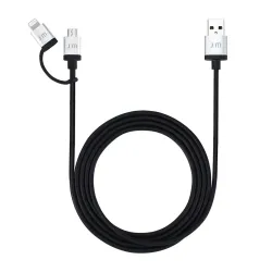 Just Mobile AluCable Duo 1,5 m med dubbla Lightning- och mikro-USB-kontakter för mångsidig laddning och synkronisering.