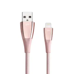 Rose Gold Just Mobile ZinCable 1,5 m med hållbar flätad design och kontakter i zinklegering för iPhone och iPad.