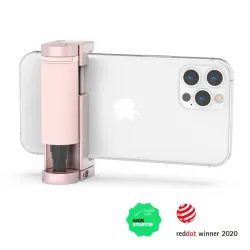 Smartphone camera grip and stand in pink with Bluetooth remote for iPhone and Android, enhancing mobile photography.