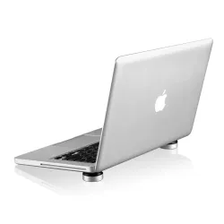 Portable Just Mobile Lazy Couch stand in aluminum and rubber for ergonomic laptop and iPad use.