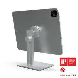 Stylish Just Mobile AluDisc Max Tablet Stand with 360-degree rotation and magnetic hold in aluminum.