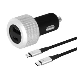 JM Highway Max Lightning V2 deluxe 2-Port USB-C/USB-A car charger with USB-C to Lightning cable for fast and reliable charging