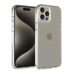 Clear protective Just Mobile TENC Air case for iPhone 15 Pro Max with shock-absorption and wireless charging capability.