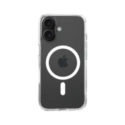 Just Mobile TENC™ Air-etui til iPhone 16 Plus, klar hård skal med stødsikre sider og hævede hjørner for beskyttelse og trådløs opladning.